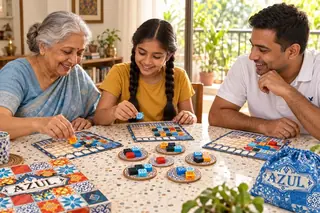 A grandmother, child and father enjoying Azul; an illustration based on real game components.