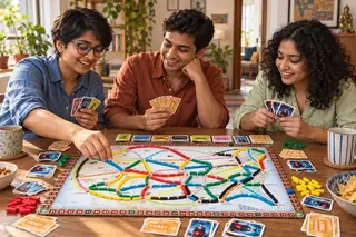 Three friends learning Ticket to Ride at home; an illustration based on real game components.