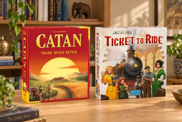 Editorial still-life illustration of the Catan and original Ticket to Ride game boxes side by side.