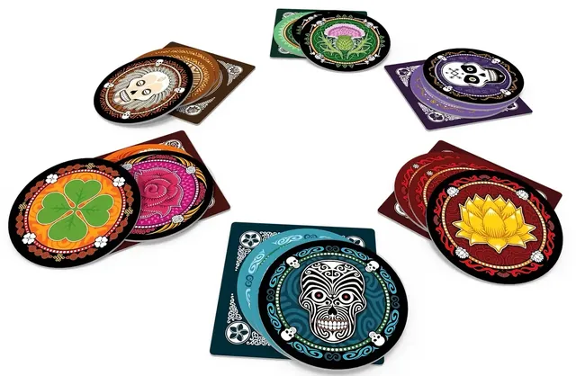 Player mats with stacks of face-down discs in front of each player