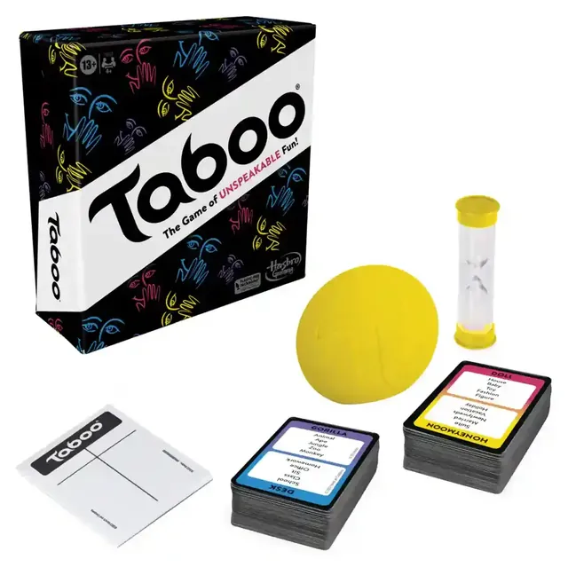 The Taboo box with the yellow squeaker, sand timer, score pad and two stacks of cards