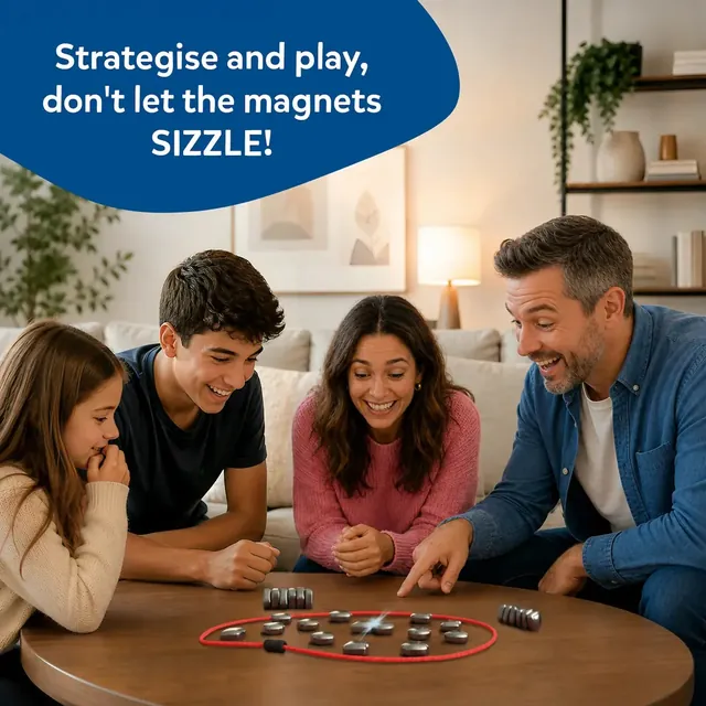 A family leaning over a table playing Sizzle, with magnets spread inside a cord loop