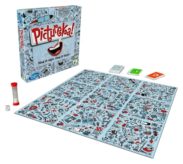 The older Pictureka! box design, standing behind its blue-grey picture tiles, cards and timer