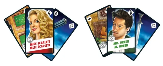 Character Profile cards for Miss Scarlett and Mr. Green, each fanned with Case File cards