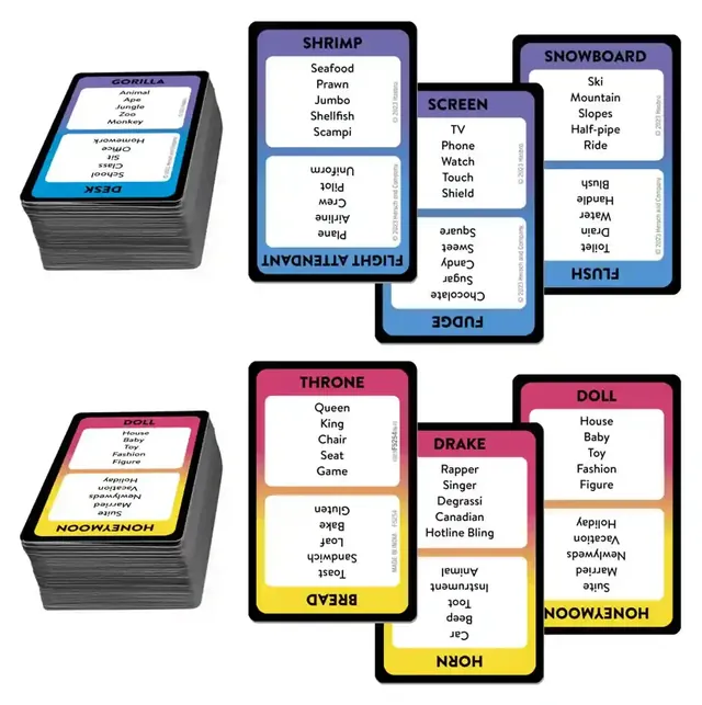 Taboo cards, each with a word to guess and five forbidden words