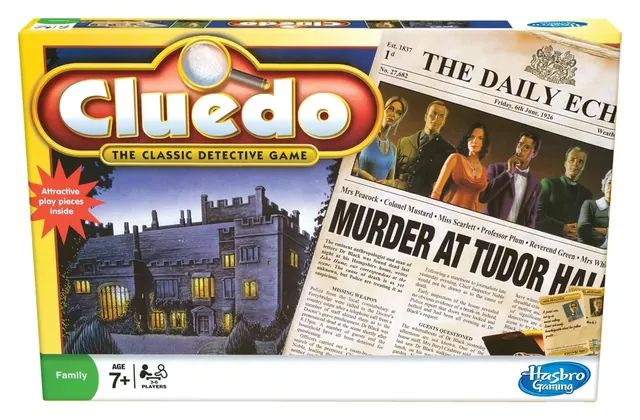 The yellow India-made Cluedo box showing a newspaper headline about a murder at Tudor Hall