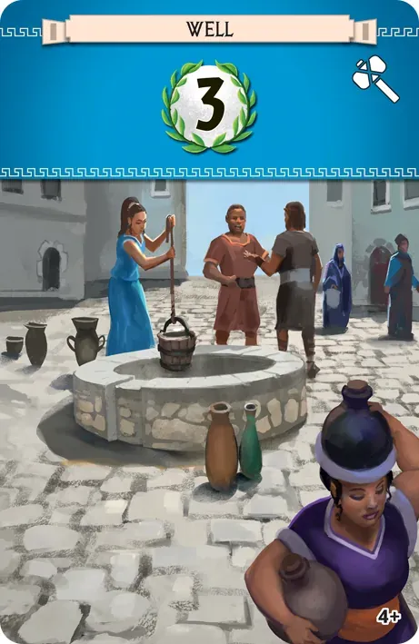 A blue Well card worth 3 points, showing villagers at a well