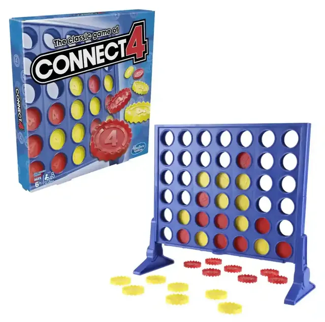 The square Connect 4 box standing behind the assembled blue grid on its two legs, part-filled with red and yellow discs, with loose red and yellow discs on the table in front