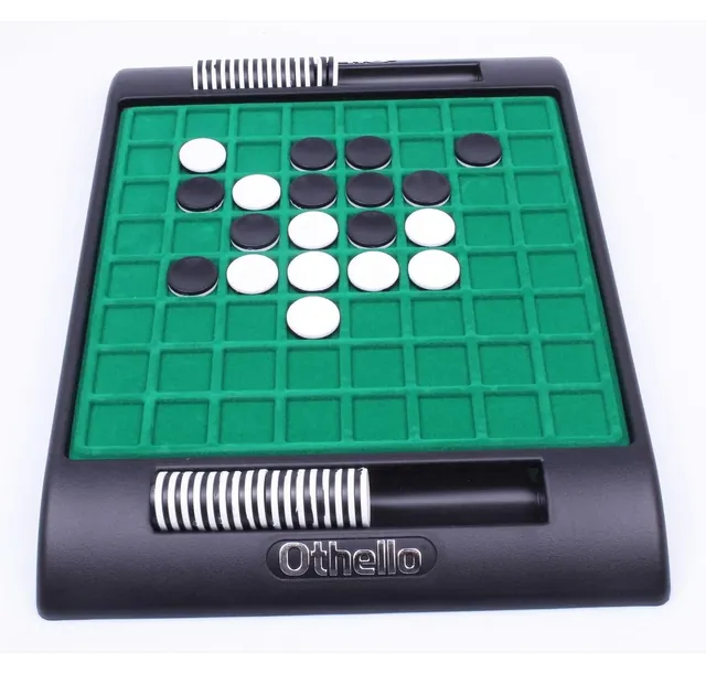 An Othello board with discs in play and a disc holder along each side