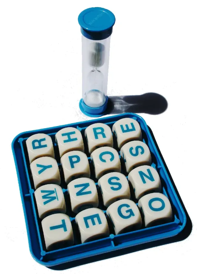A blue Boggle grid holding 16 letter cubes, next to a sand timer