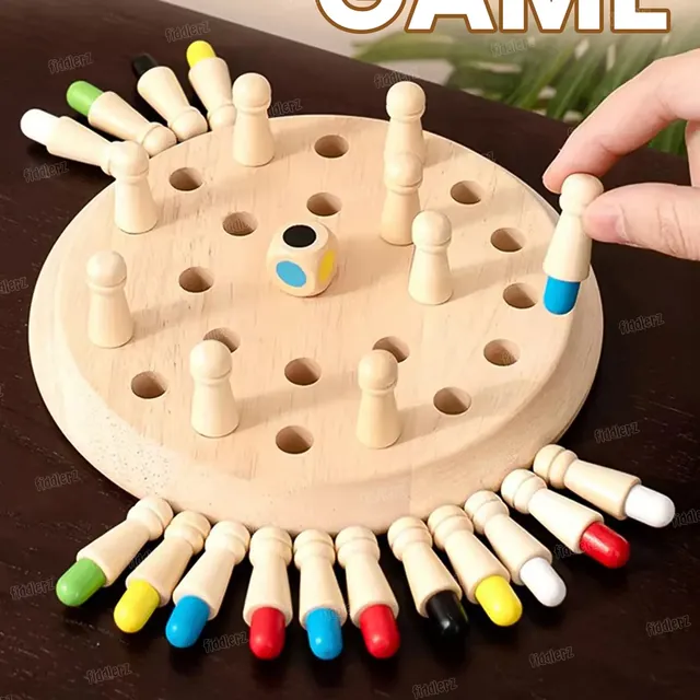 A hand pulling a peg out of a wooden memory chess board to show its blue base, with more pegs laid out showing their colours