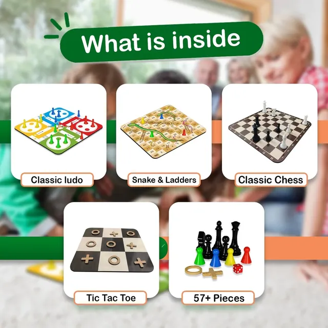 Clapjoy's picture of what is inside: Ludo, Snakes and Ladders and chess boards, a Tic Tac Toe board and the pieces