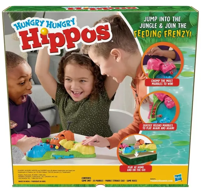 The back of Hasbro's Hungry Hungry Hippos box, with children playing, the contents and the line 'Made in India'