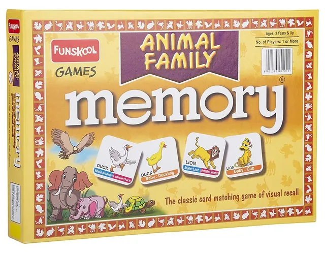 An older Funskool Animal Family memory box in yellow, with a lion family and ducks on the front