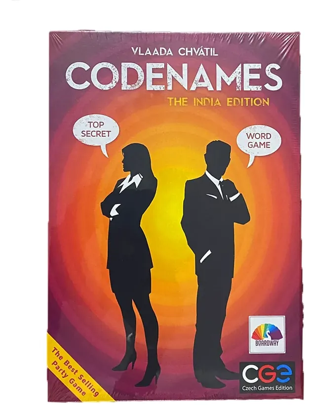 A Codenames box with 'The India Edition' printed under the title and the same two spy silhouettes