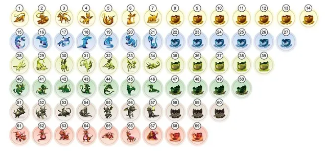 The Dragomino egg tokens: baby dragons in the colours of the six landscapes, and empty shells
