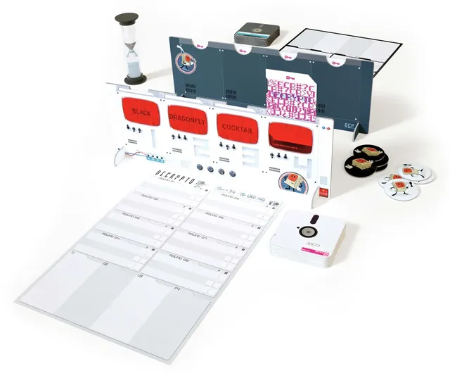 Decrypto set up for two teams: screens, note sheets, timer and cards