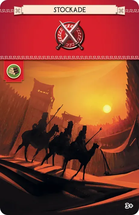 A red Stockade card with riders and a shield symbol
