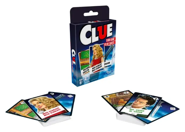 The small Clue Card Game box with cards dealt out on either side