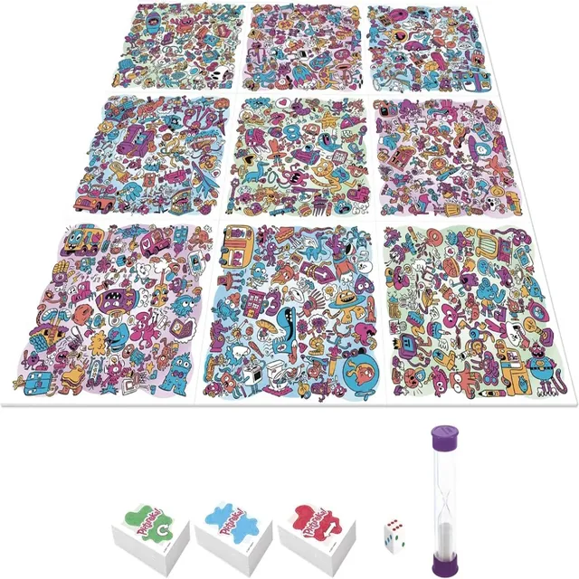 The nine Pictureka! tiles in a three-by-three square, every one packed with tiny cartoon drawings