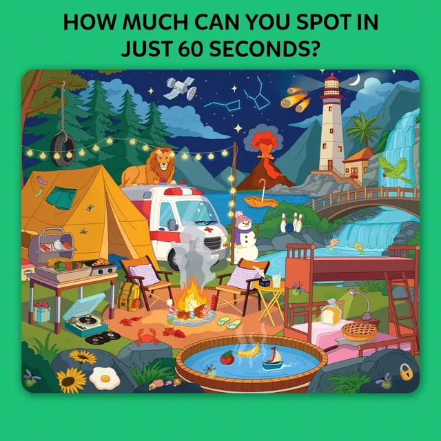 A busy campsite picture card with a tent, a camper van and a lighthouse, beside letter cards
