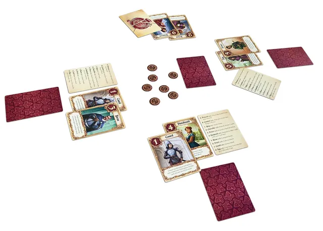 Character cards, reference cards and favour tokens laid out