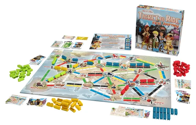 The First Journey box with its contents laid out: the Europe board, plastic trains in four colours, train cards and tickets