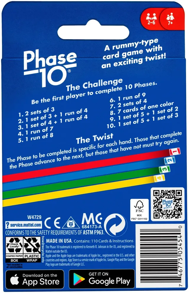 Back of a Phase 10 box listing the ten phases