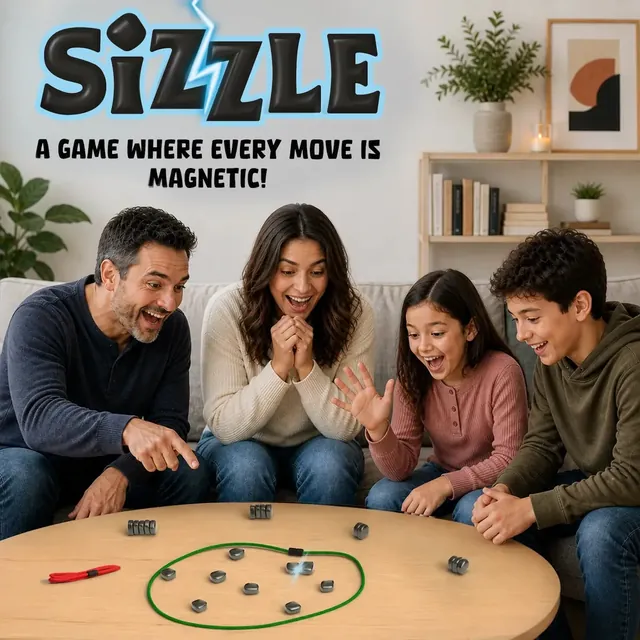 A family laughing around a game of Sizzle on a living-room table