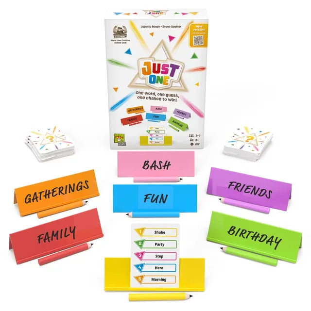 The Just One box with seven coloured easels, a stack of word cards and pencils