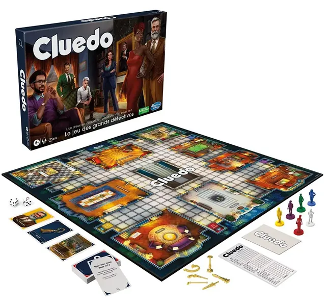 The Cluedo board with suspect pawns, weapon tokens, cards, notepad and dice laid out beside the box
