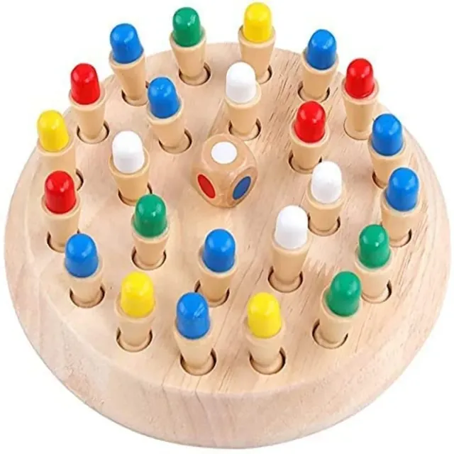 A wooden memory chess board with pegs in six colours and a colour die