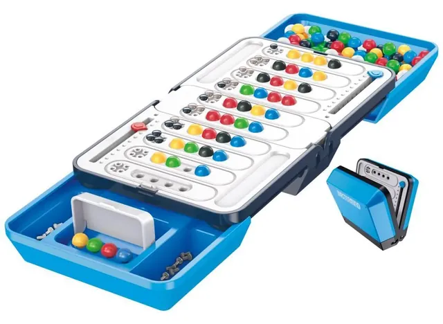 Hasbro's newer Mastermind in a blue fold-up case with the code shield raised