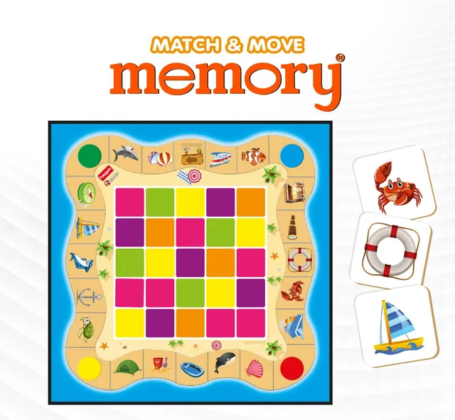The square Match & Move board: a five-by-five grid of coloured card spaces in the middle and a path of beach pictures round the edge