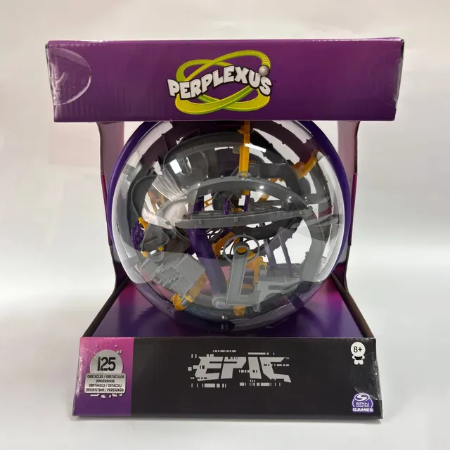 The newest Perplexus Epic box, with a yellow-and-green Perplexus logo on the purple top