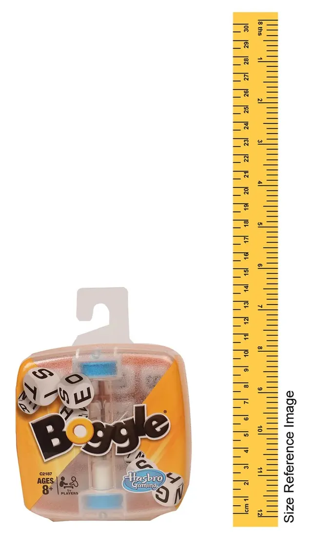 The Boggle Classic pack standing beside a ruler for scale