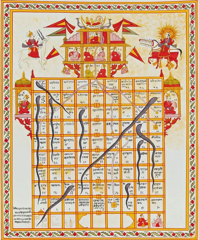 An old Jain Gyan Chaupar board painted on cloth, with snakes, ladders and small figures