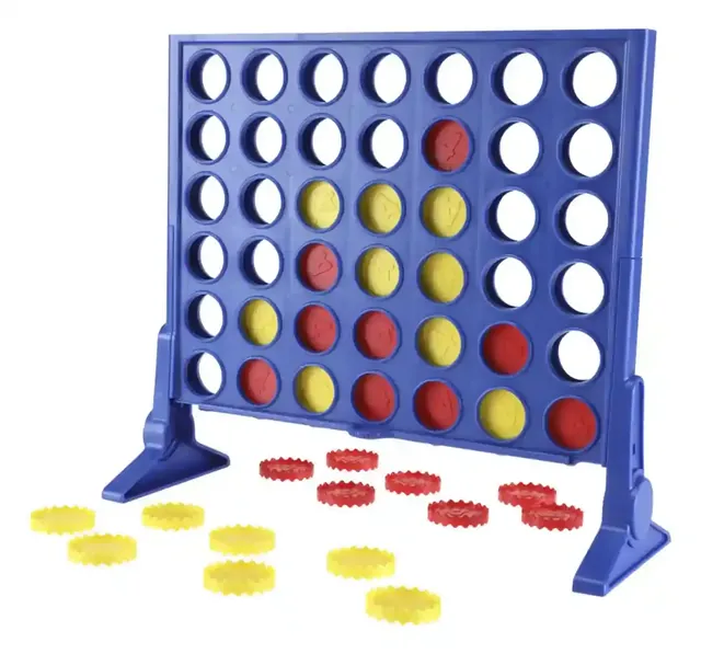 The blue upright grid standing on two legs with red and yellow discs stacked in the lower rows of the middle columns, and spare red and yellow discs lying in front
