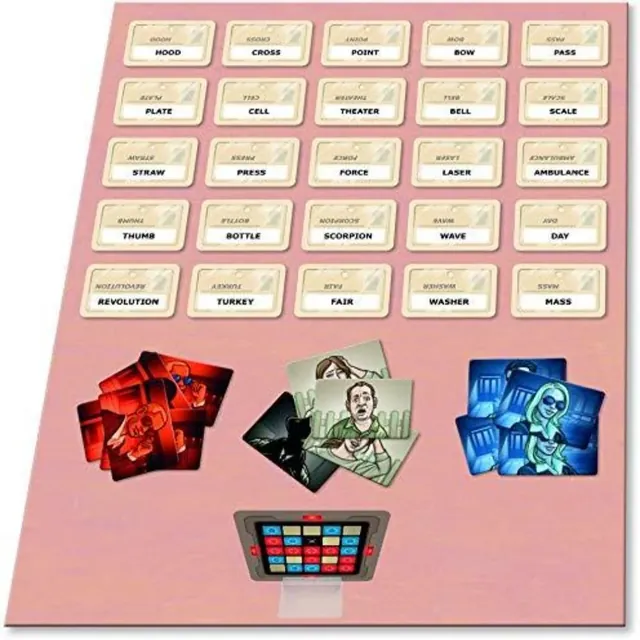 Codenames components: a grid of 25 word cards, red and blue agent cards, a bystander and the key card in its stand