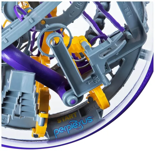 Close-up inside Perplexus Epic: numbered grey track, yellow supports and a purple tube