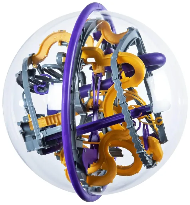 The Perplexus Epic sphere from the side, showing yellow-orange spiral track pieces and the purple ring