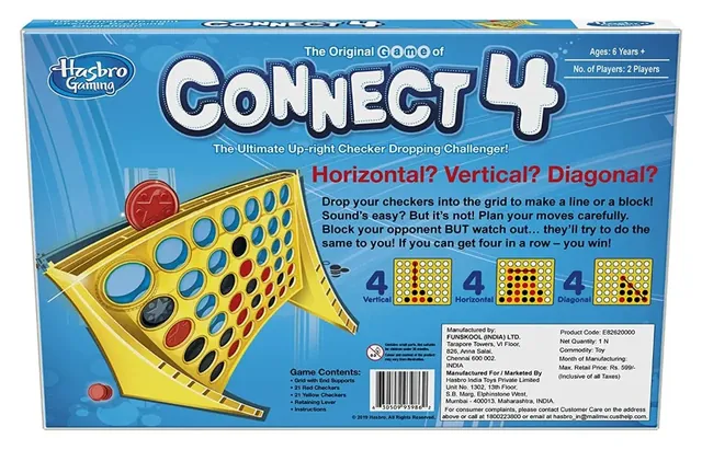 Back of the older Connect 4 box: a picture of the grid, a short rules summary headed 'Horizontal? Vertical? Diagonal?', a contents list, a barcode and a label naming Funskool (India) Ltd, Chennai, as maker and Hasbro India Toys Pvt Ltd, Mumbai, as marketer, with product code E82620000