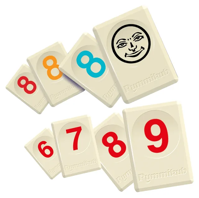 Rummikub number tiles in red, orange and blue, with a joker tile