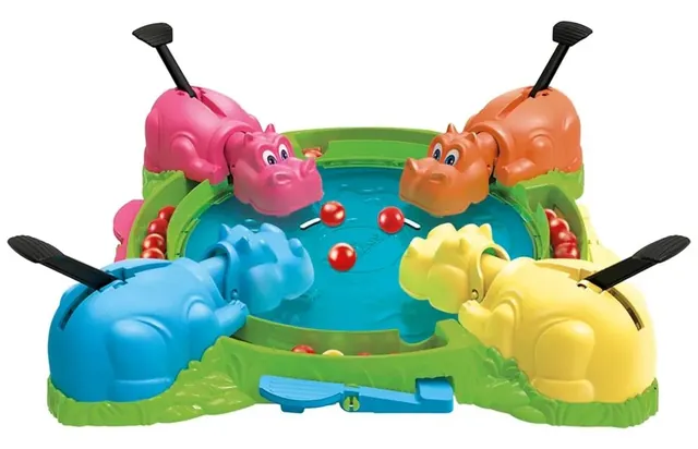 The game unit: four hippos in pink, orange, blue and yellow around a round pond, each with a lever on its back