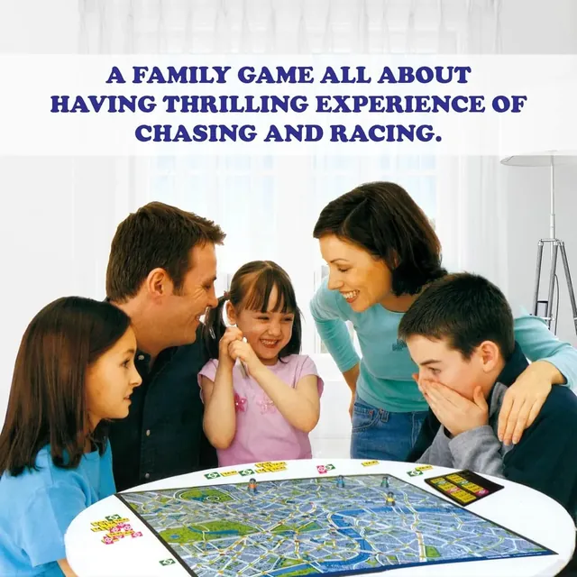 A family of five leaning over the Scotland Yard board, a girl covering her mouth in excitement
