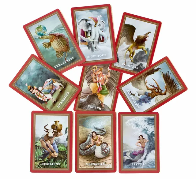 Nine illustrated ability cards with red borders, each named for a trait: Perceptive, Ingenious, Fearless, Generous, Clever, Vengeful, Resilient, Versatile and Psychic