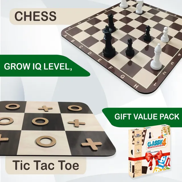 Wooden chess pieces on the Clapjoy chess board, with the Tic Tac Toe board below