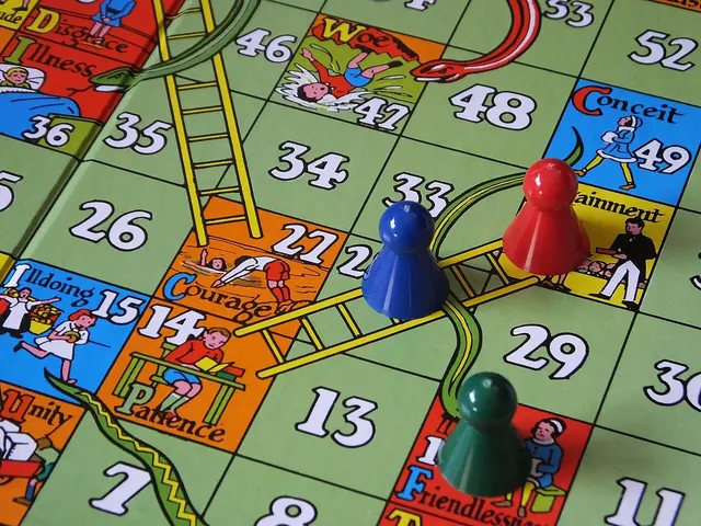 Coloured counters on a Snakes and Ladders board, beside a ladder and a snake