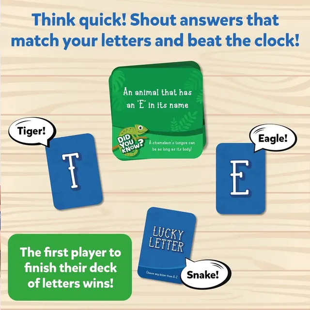 Skillmatics' how-to-play picture: shout answers that match your letter cards; the first player to finish their letters wins