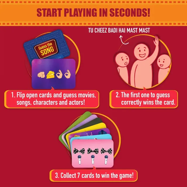 Gouda Games how-to-play graphic: flip a card, the first right guess wins it, collect 7 cards to win